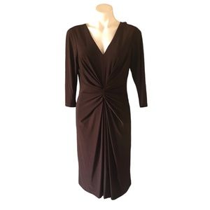 David Meister Chocolate Brown 3/4 Sleeve Stretch Jersey Knit Ruched Dress